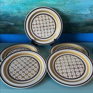 5 Dinner Plates Electra Casual Ceram TAPESTRY vintage stoneware made in Japan.